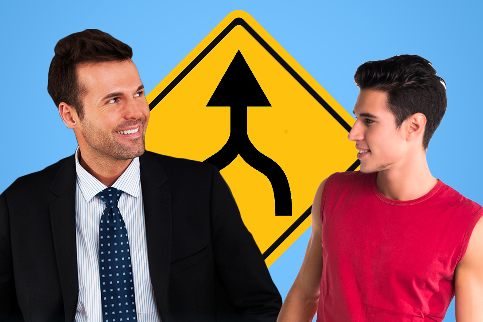Middle-aged man in suit with younger guy in t-shirt in front of a merge sign