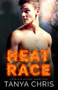 Cover for Heat Race by Tanya Chris shows a young man in the moonlight looking over his shoulder at an ominous shadow