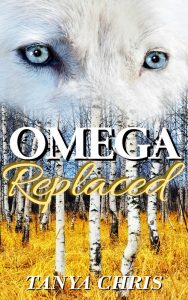 Cover for Omega Replaced shows a white wolf head superimposed over a forest scene with birches