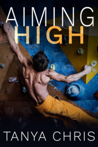 Cover for Aiming High by Tanya Chris shows a climber on a bouldering wall