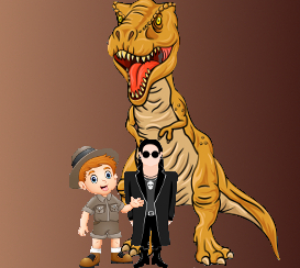 Cartoon versions of a T-Rex, a paleontologist, and a goth dude grouped together
