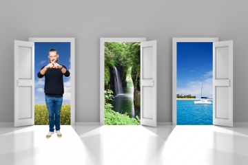 A man guards one of three doors