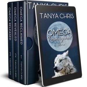 Graphic shows a box set of Omega Reimagined volume 1 books: Omega Reclaimed, Omega Revealed, and Omega Released