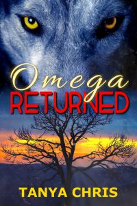 Cover for Omega Returned by Tanya Chris features a black wolf in front of a sunset