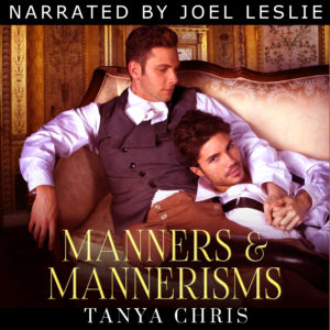 cover for audio version of Manners & Mannerisms shows two men reclining on a chaise with the text Narrated by Joel Leslie