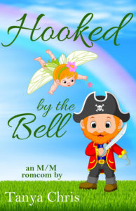 The cover for Hooked by the Bell by Tanya Chris shows a cartoon pirate with a fairy flying over him