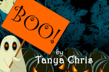 A ghost holds a sign that says boo in front of lit jack-o-lanterns
